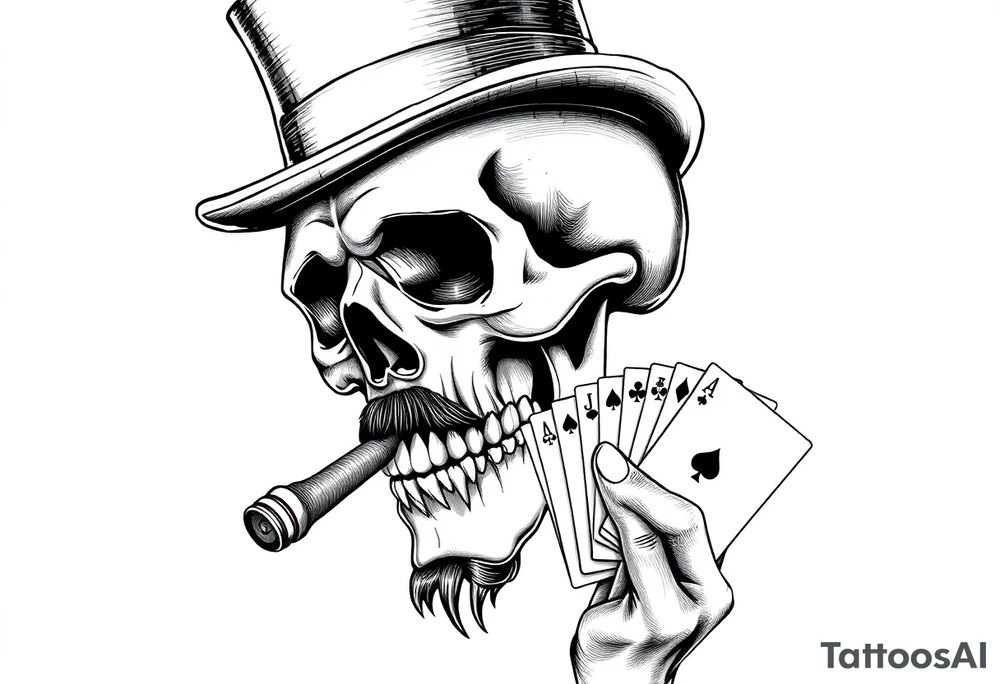 a skull with mustache,top-hat, cigar in his mouth and playing cards in a hand. tattoo idea
