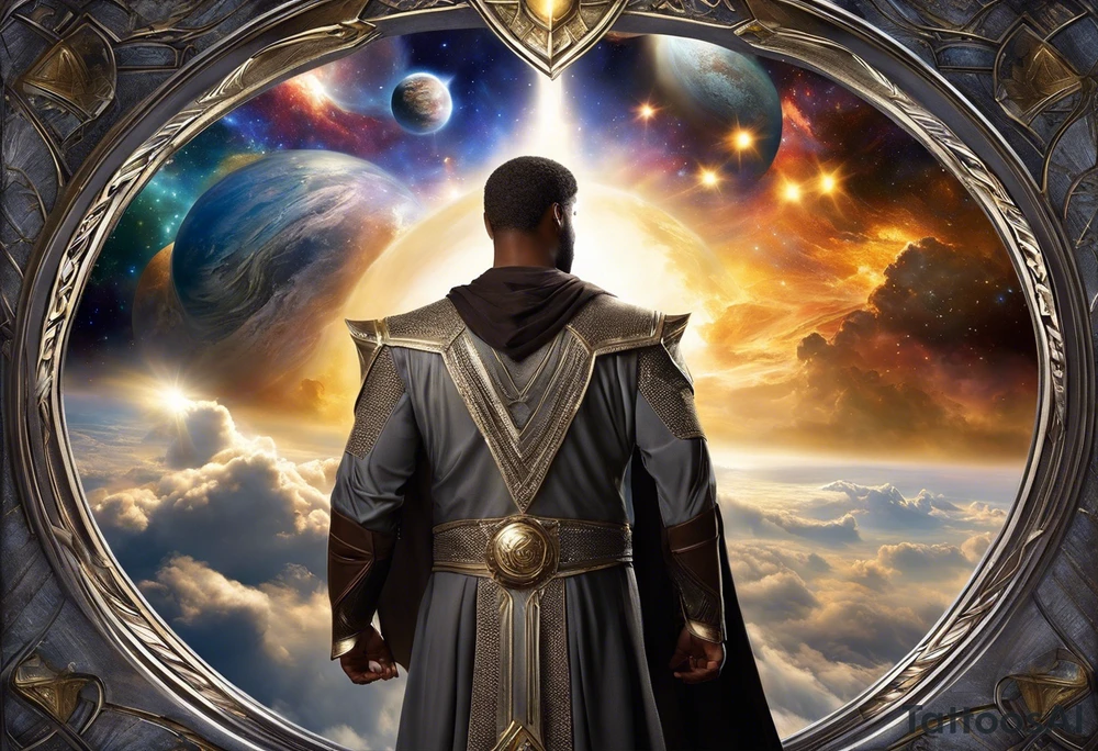 Jehovah looking out at the marvels of his creation from the atoms to the galaxy and celestial beings. With grey wash and a fantasy theme. Jehovah has to be a character who is so majestic, charismatic, immensely powerful. There isnt a single thing he isnt capable of doing. Infinitely powerful forward facing. Without the pagan styled attire and without the pagan symbols etcetera, shirtless, large muscular athletic physique, deep muscle definition tattoo idea