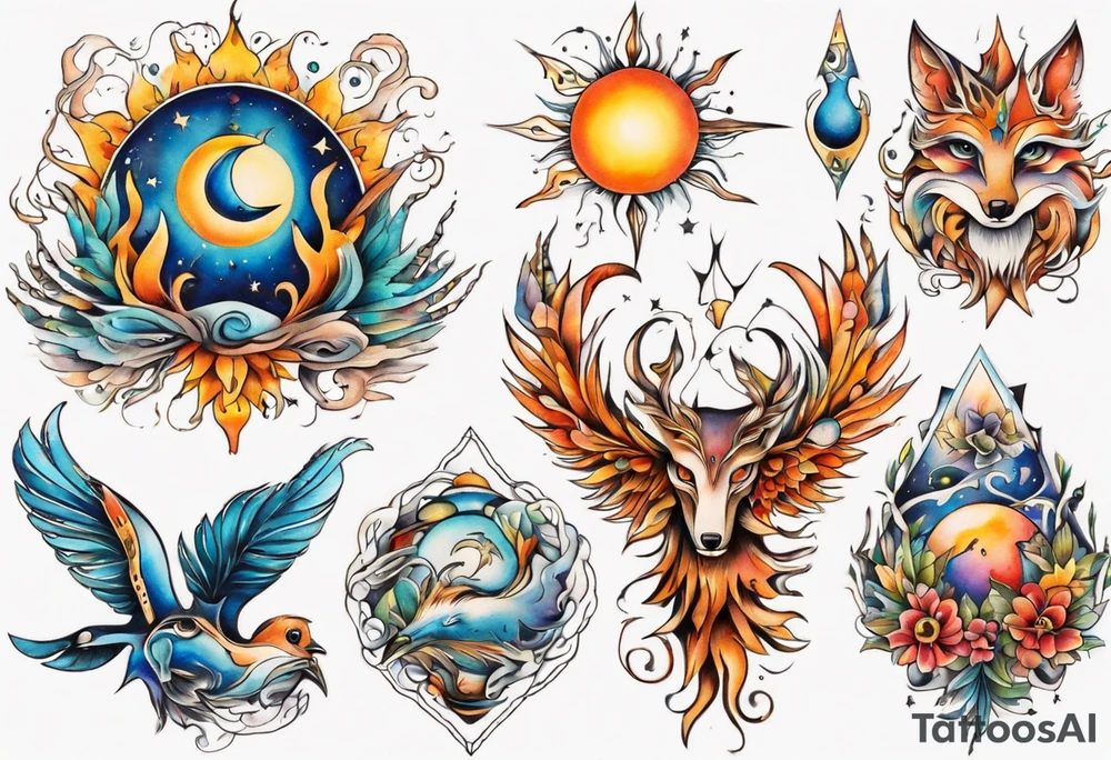 fisch, fuchs und eule , symetrie  sonne, universum, bunt, " sapere aude" tattoo idea