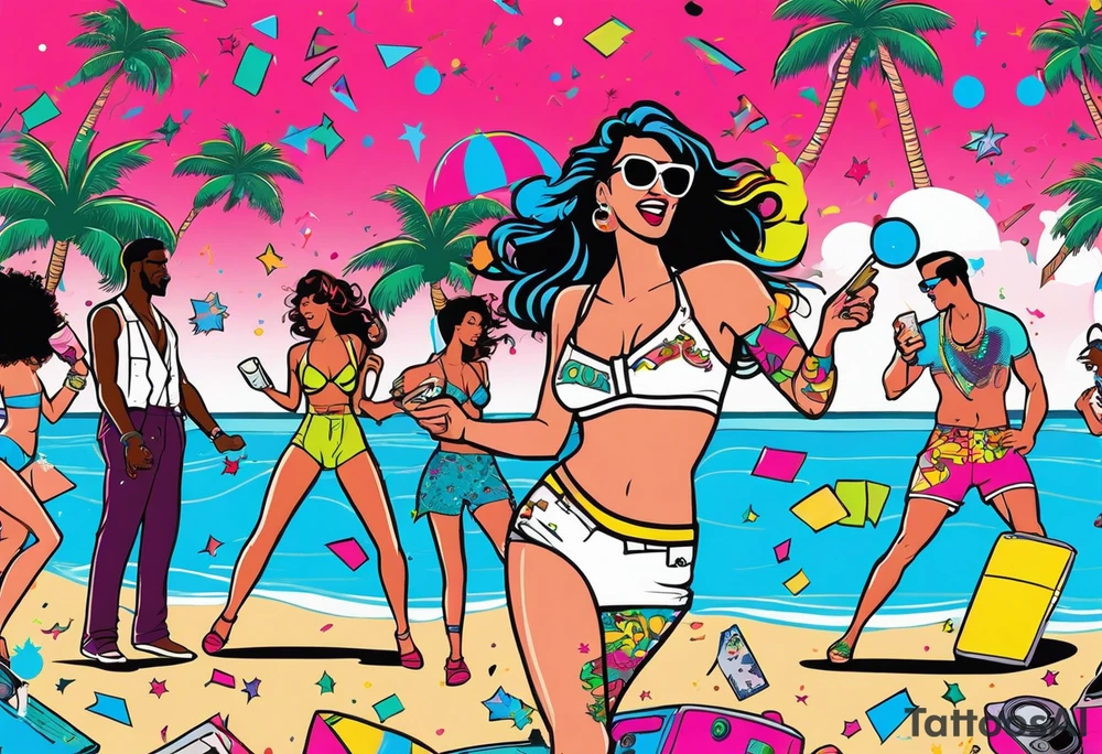 1980's miami vice style beach dance 
party, include confetti, music notes, boom box, bikinis tattoo idea
