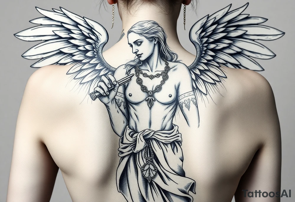 old tattooed angel statue in criminal style, weapons in hand, gangster-style gold necklaces tattoo idea