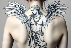 old tattooed angel statue in criminal style, weapons in hand, gangster-style gold necklaces tattoo idea