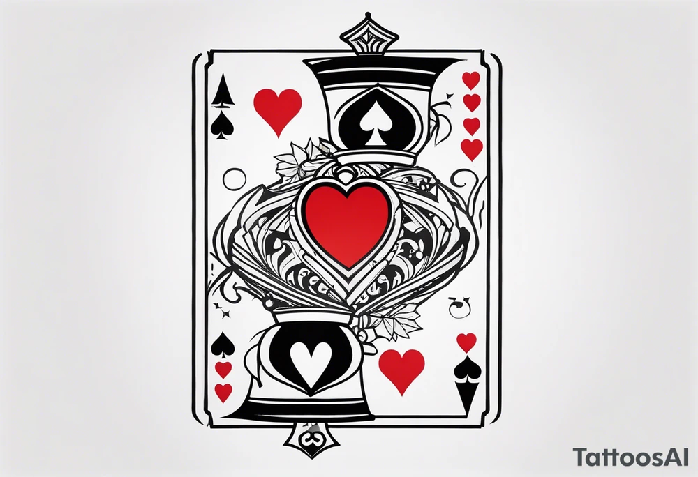 one combined tatto in minimalistic style with icon style three king of spades and icon style one queen of hearts. extreme minimalstic and few lines. much more minimalistic and fewer lines tattoo idea