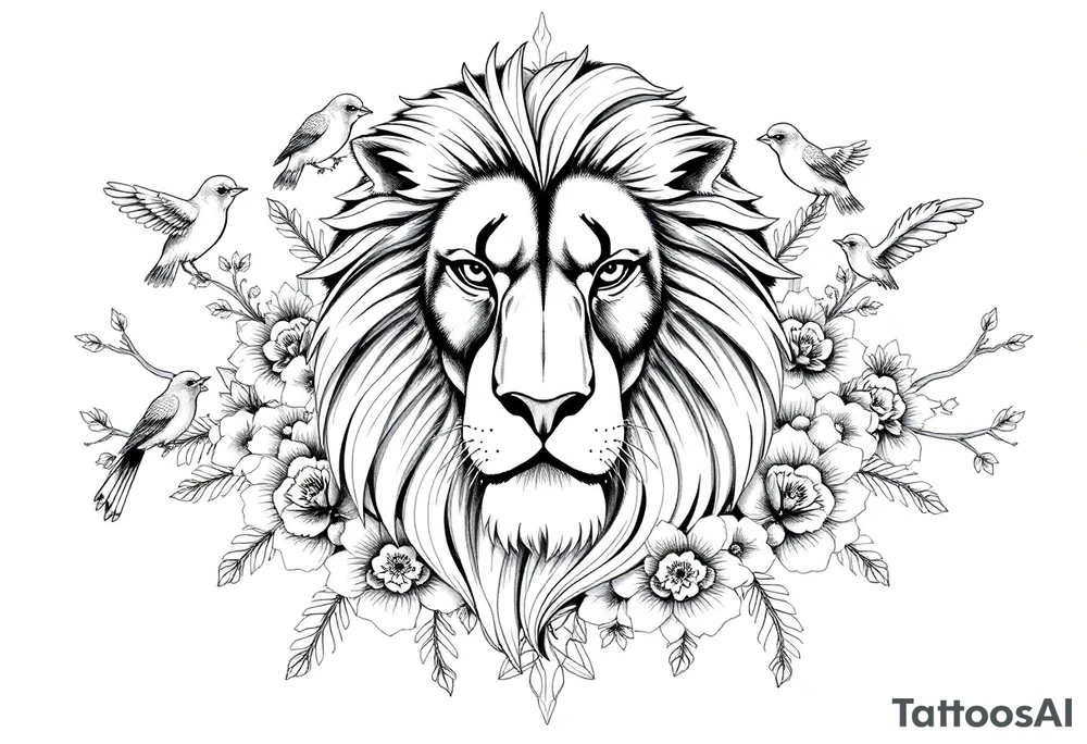 powerful majestic lion with a crown, surrounded by floral ornaments and birds tattoo idea