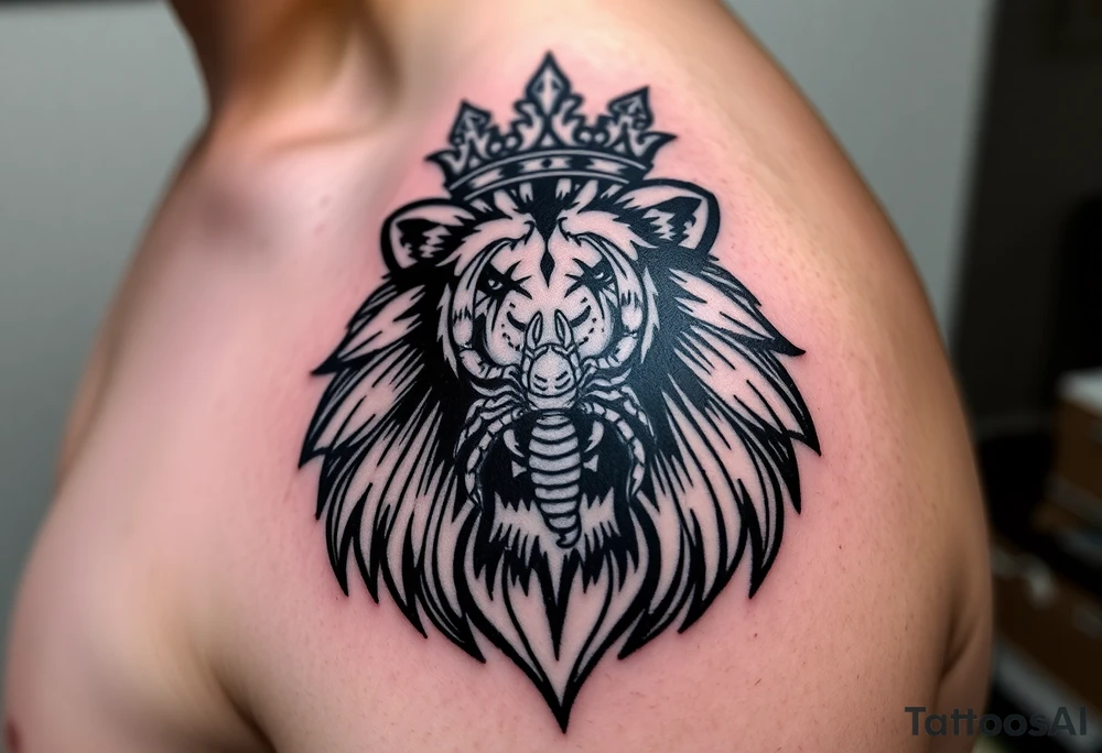 a powerful and majestic lion with a crown and in the middle of this crown , a realistic scorpion, tattoo idea
