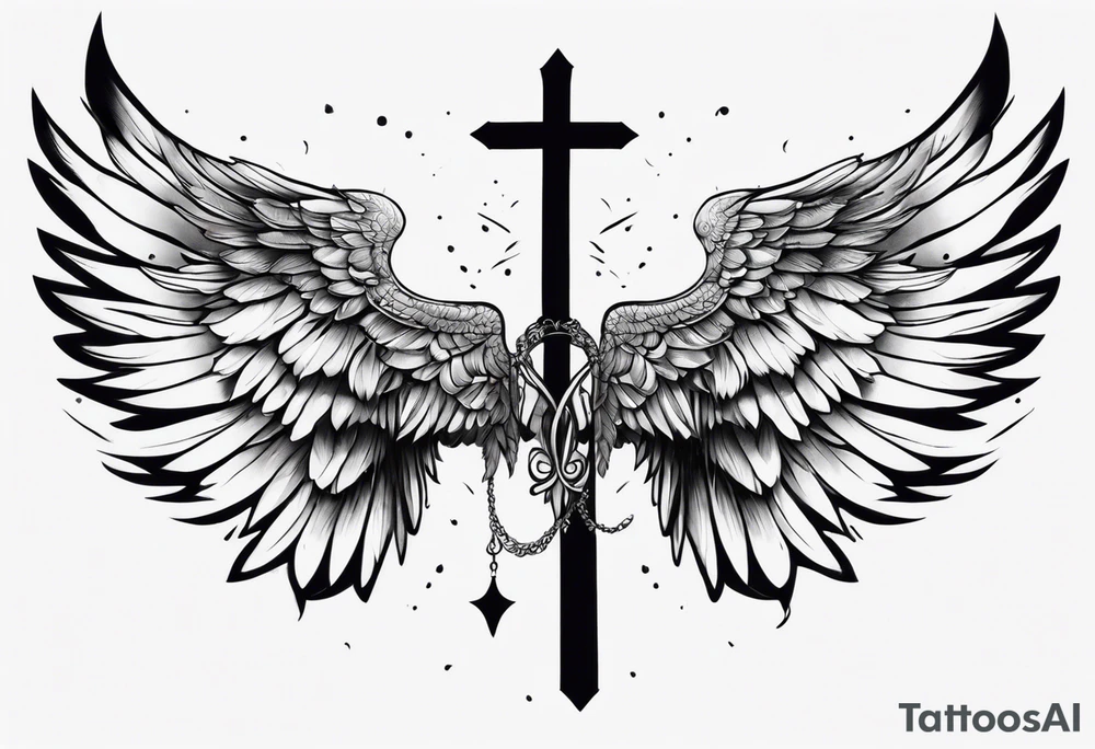 Realistic wings with an upside down cross between the wings tattoo idea Realistic wings with an upside down cross between the wings tattoo idea