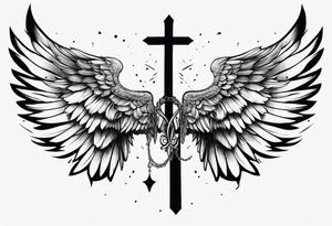 Realistic wings with an upside down cross between the wings tattoo idea