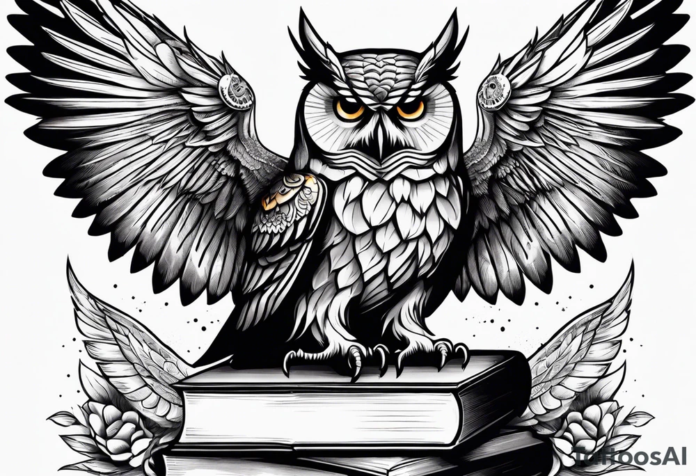 agressive owl on top of human skull, open wings, skull stands on books owl on the skull tattoo idea