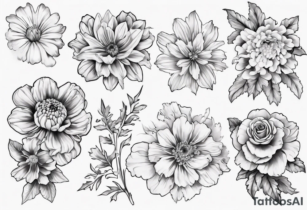 a sleeve tattoo of Marigold flowers, Cosmos flowers, Chrysanthemum flowers, Narcissus flowers, Holly flowers, roses and honeysuckles. tattoo idea