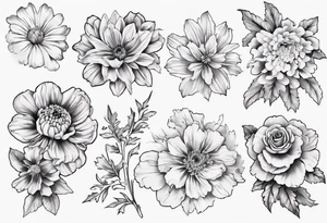 a sleeve tattoo of Marigold flowers, Cosmos flowers, Chrysanthemum flowers, Narcissus flowers, Holly flowers, roses and honeysuckles. tattoo idea