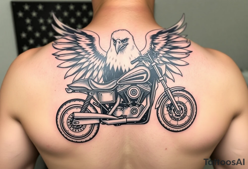 Harley Davidson sporter motorcycle with bald eagle American flag background tattoo idea