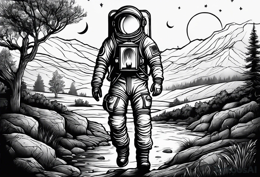 An astronaut holding a candle lantern to walk through beautiful landscape in the dark tattoo idea