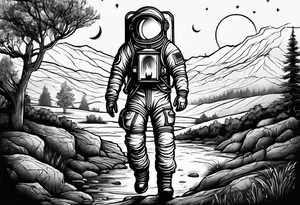 An astronaut holding a candle lantern to walk through beautiful landscape in the dark tattoo idea