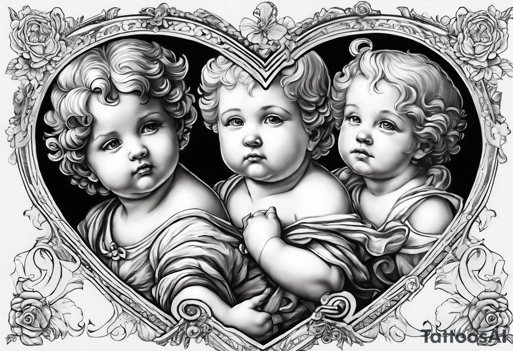 3 cherubs that look realistic, not cartoony. one of them is a girl holding a balloon, one is a boy holding a money bag, one is a girl hugging a heart tattoo idea