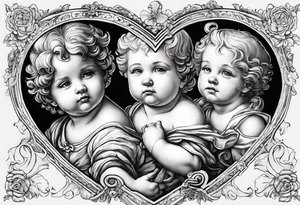 3 cherubs that look realistic, not cartoony. one of them is a girl holding a balloon, one is a boy holding a money bag, one is a girl hugging a heart tattoo idea