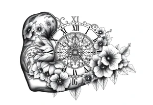 vintage roman numerals within ornate clockwork mechanism, with name spaces, flowers tattoo idea