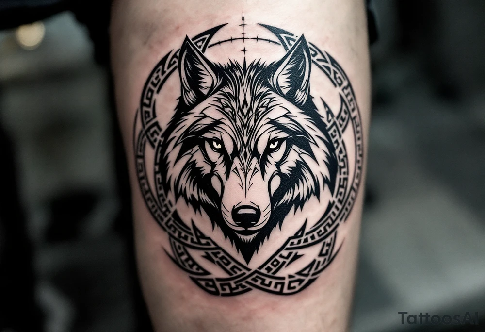 Wolf in Celtic Spiral Labyrinth – A light-gray wolf encircled by a continuous black knotwork labyrinth that twists like ancient Celtic spirals. tattoo idea