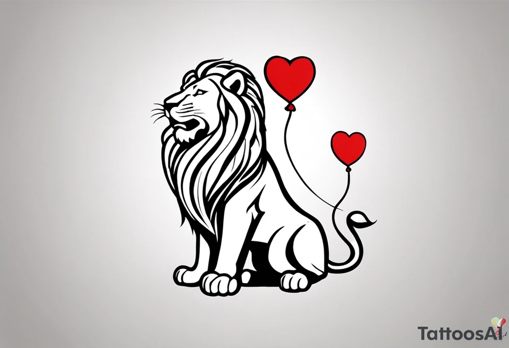 tattoo design should be in the layout of the famouse picture"small princ"  where it should remind me that I survived,and my life was saved by my husband, and he should be represented in the tattoo as a young lion holding a balloon held in the muzzle.
The baloon which is red and in Hearth shape. The whole body of lion should be visible and more abstract not so realistic.The lion is holding the string of the baloon in the muzzle. The string from the balloon should have a heartbeat pulse.The baloon should be red colored, and the rest of the image should be black only. tattoo idea