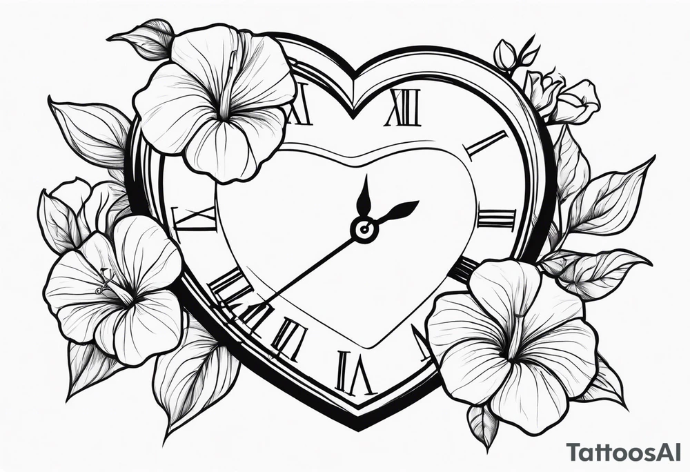 Heart with morning glory flowers and Cameron as the line to draw the heart and the time 8:34am tattoo idea