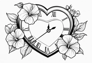 Heart with morning glory flowers and Cameron as the line to draw the heart and the time 8:34am tattoo idea