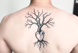 tree with DNA trunk with roots and anatomical heart on bottom inside the roots tattoo idea