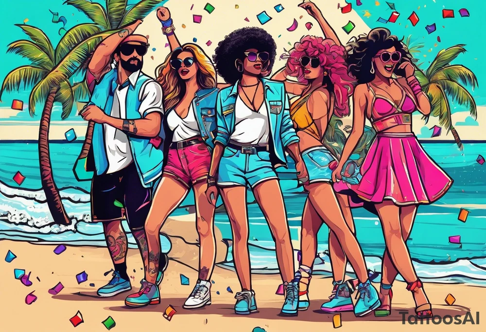 1980's style dance party with boom box and confetti in a beach theme. include people in 80's miami beach clothes, music note. tattoo idea