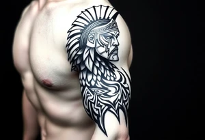 Roman Gladiator on the shoulder with tribal markers down the arm tattoo idea