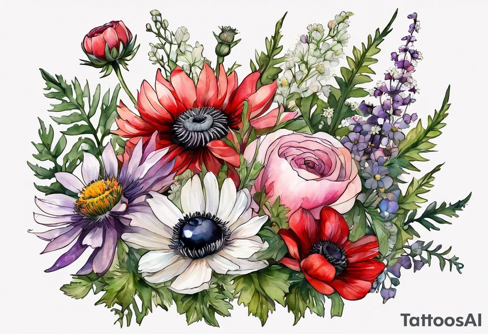 wildflowers with thistles, ferns, ranuculus, white anemones with black center, sun flowers, red flowers, pink flowers, purple flowers, buttercups, babys breath, daisies, and greenery all in watercolor tattoo idea