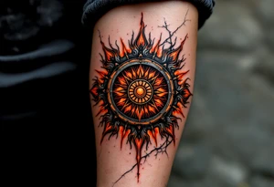 Slavic Sun Wheel – A radiant wheel in fiery tones of orange and red, with radial rays edged in black, backed by cracked stone or parchment. tattoo idea