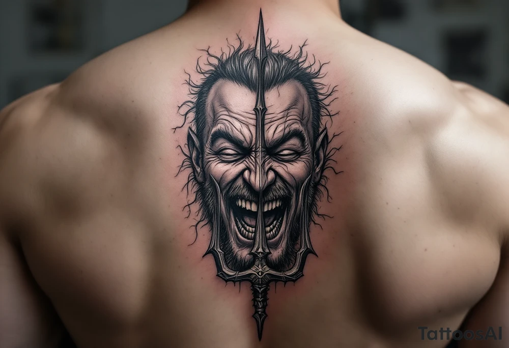 laughing man face behind trident tattoo idea