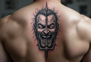 laughing man face behind trident tattoo idea