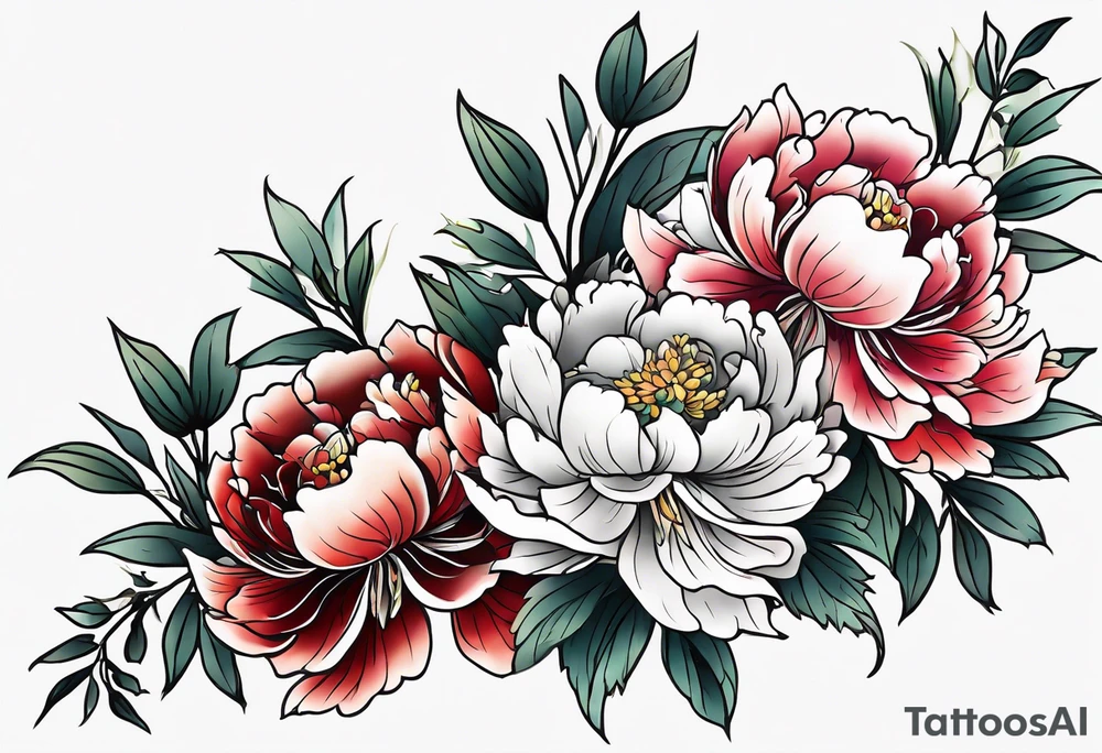 Shoulder and forearm tattoo for woman. Japanese style peony flowers bunch with stems extended to the forearm. Lightly coloured. Thin lines. tattoo idea