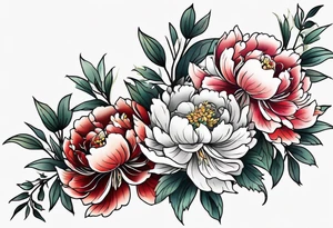 Shoulder and forearm tattoo for woman. Japanese style peony flowers bunch with stems extended to the forearm. Lightly coloured. Thin lines. tattoo idea