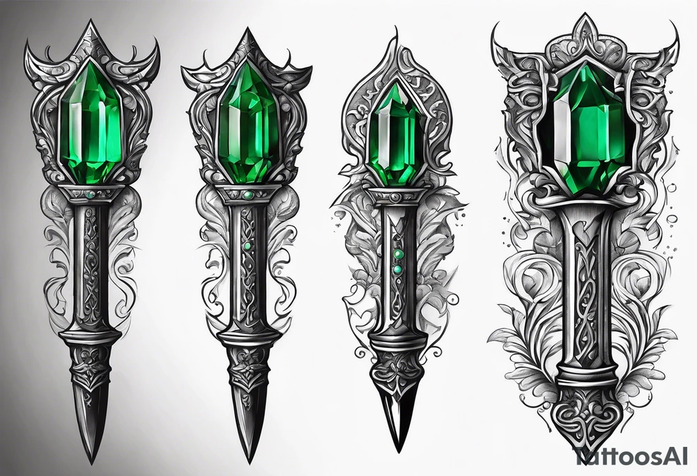 An athame dagger with an oak hilt turned upright and emerald gemstones on it tattoo idea