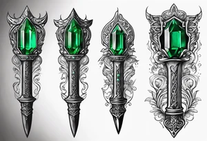 An athame dagger with an oak hilt turned upright and emerald gemstones on it tattoo idea