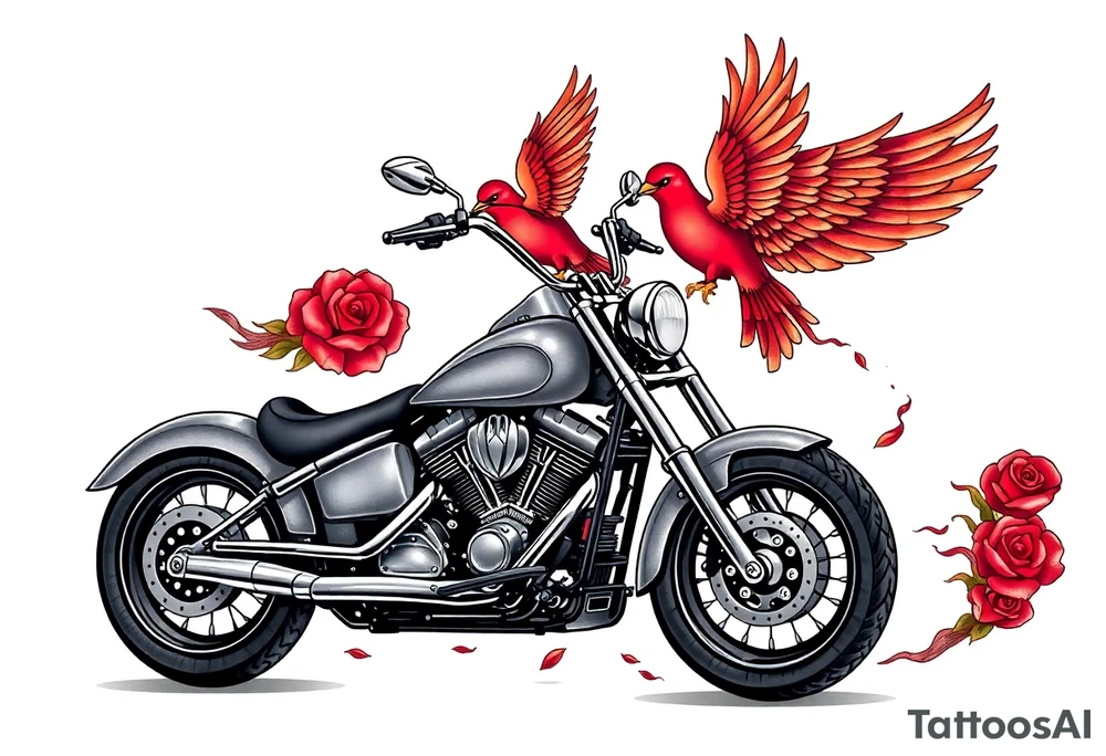 Harley grey motorcycle driving away, two red birds flying, roses, flames, angel wings tattoo idea