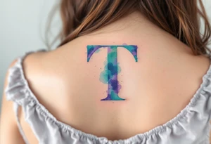 A watercolor-style "T" in shades of turquoise and purple, blending like paint strokes. tattoo idea