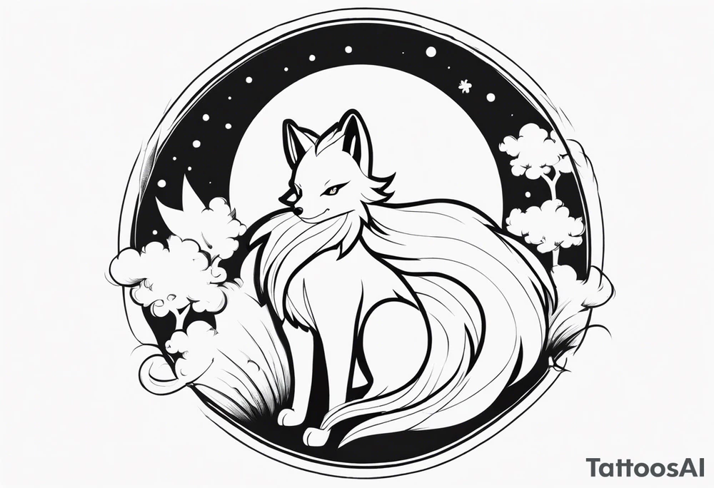 ninetails facing us, small and cute, it's in the center while the tails are surrounding the background tattoo idea