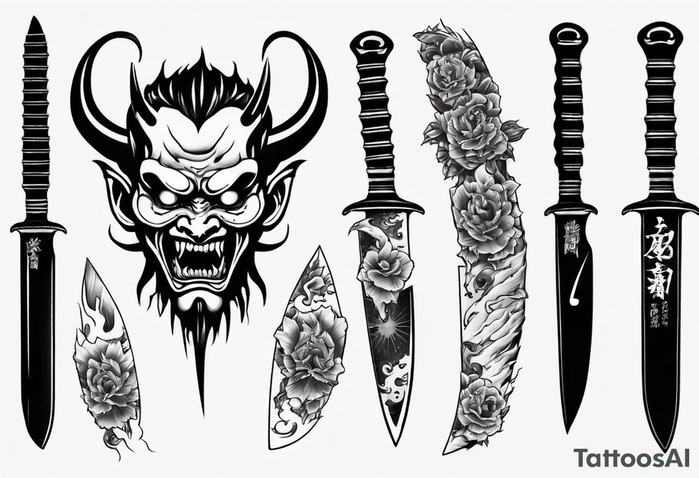 Japanese demon coming out of a knife blade tattoo idea