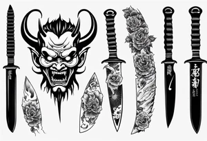 Japanese demon coming out of a knife blade tattoo idea