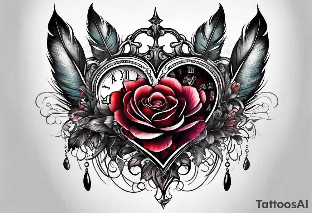 Shade feather clock flower heart tattoo idea