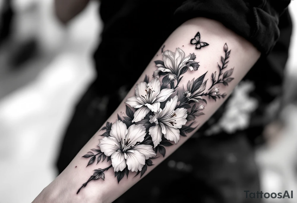 tatoo on forearm with Irises flowers, cherry blossom and a little butterfly tattoo idea