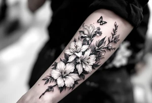 tatoo on forearm with Irises flowers, cherry blossom and a little butterfly tattoo idea
