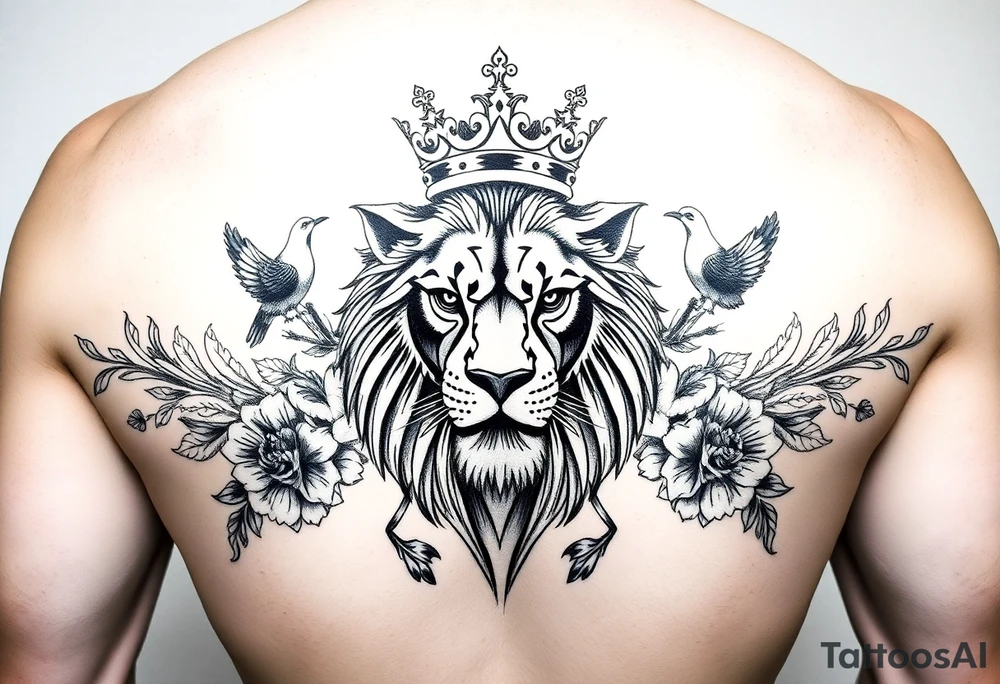 powerful majestic lion with a crown, surrounded by floral ornaments and birds tattoo idea
