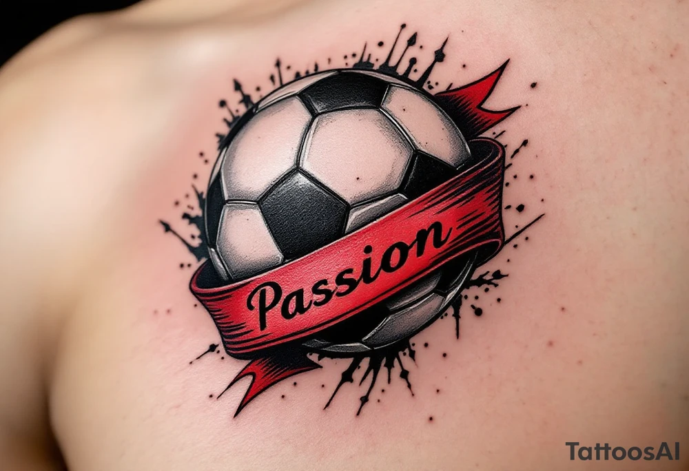 A classic black and white soccer ball tattoo wrapped in a red banner with the word “Passion.” tattoo idea