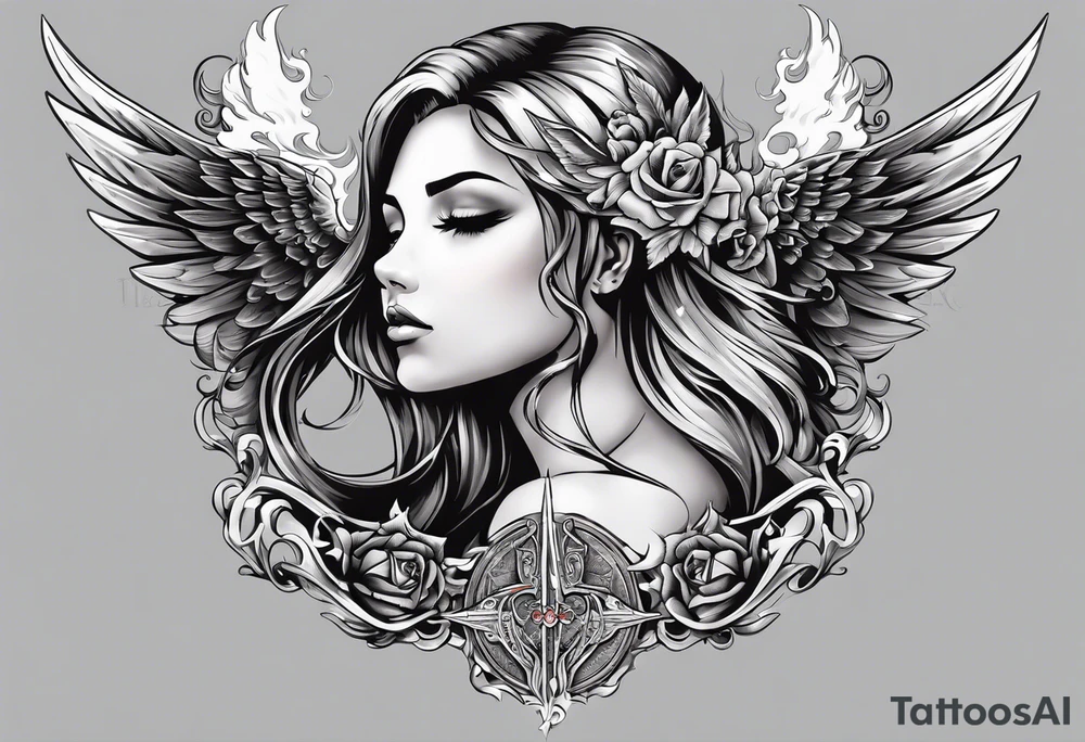 Chest tattoo design split down the middle with a beautiful girl as the centre piece. Angel/heaven side on the left with a staircase going up. Devil/hell side on the right with a staircase going down. Clouds on the angel side. Flames on the hell side. One angel wing & one devil wing as background features. tattoo idea