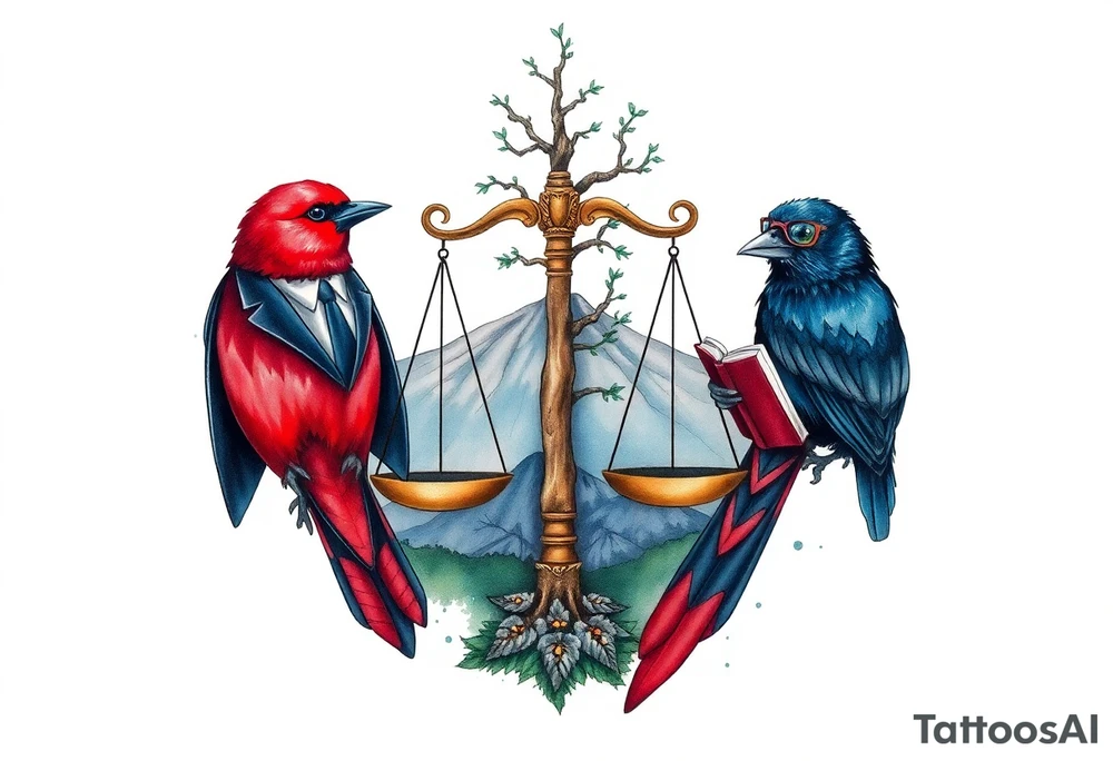 one of the birds red wearing a suit, other bird navy blue with glasses or holding a book, scales of justice built into a tree, starry night painting and mountain background tattoo idea
