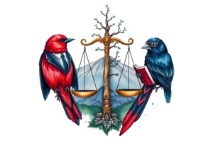 one of the birds red wearing a suit, other bird navy blue with glasses or holding a book, scales of justice built into a tree, starry night painting and mountain background tattoo idea