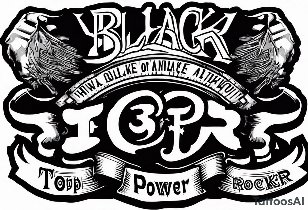 A tattoo of a three-piece motorcycle club patch with a centrepiece a top rocker snd a bottom rocker. 
The centre piece is an image well it’s a drawing of a clenched fist 
The top rocker curves around the top of the centrepiece and has the words “BLACK*POWER” written inside it as specified all in upper case and using the bold condensed benguiat font. The bottom rocker Curves around the bottom of this centrepiece and has the word “WAIKATO” written in it as specified all in uppercase and using the bold condensed benguiat font tattoo idea