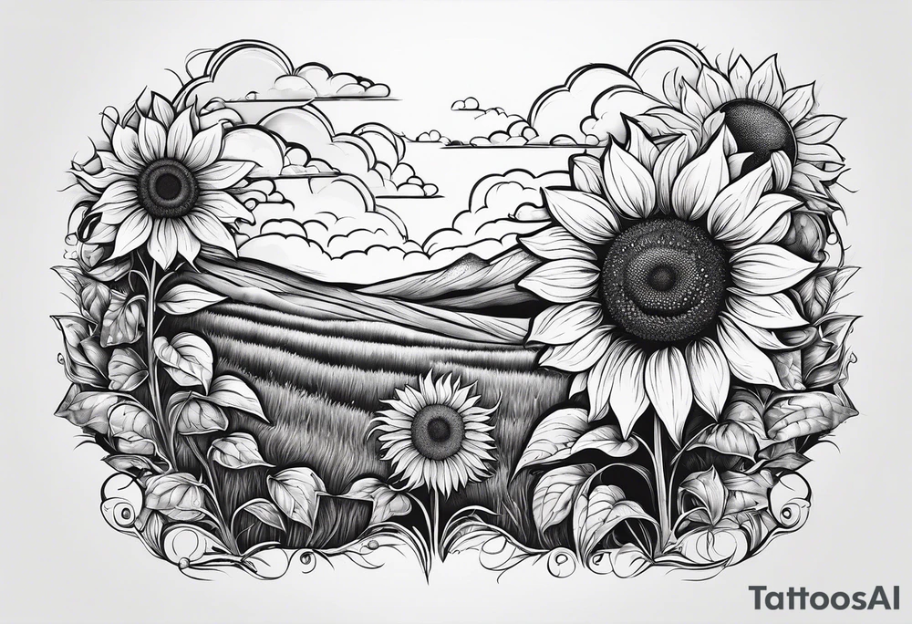 dreamy sunflower meadow valley with two large bumble occupying the sky with perfect cumulous clods tattoo idea